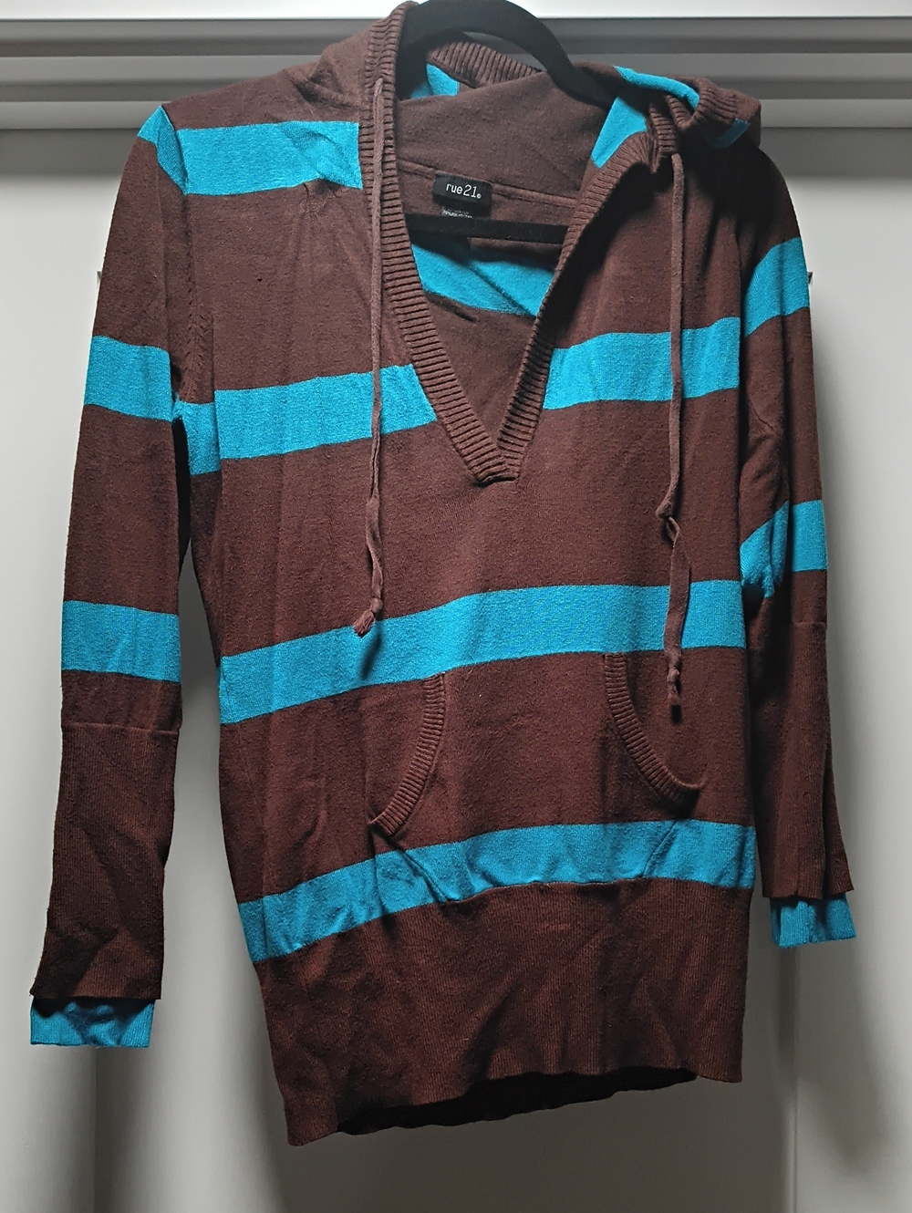 rue21 Brown and Turquoise Striped V-Neck Hooded Sweater